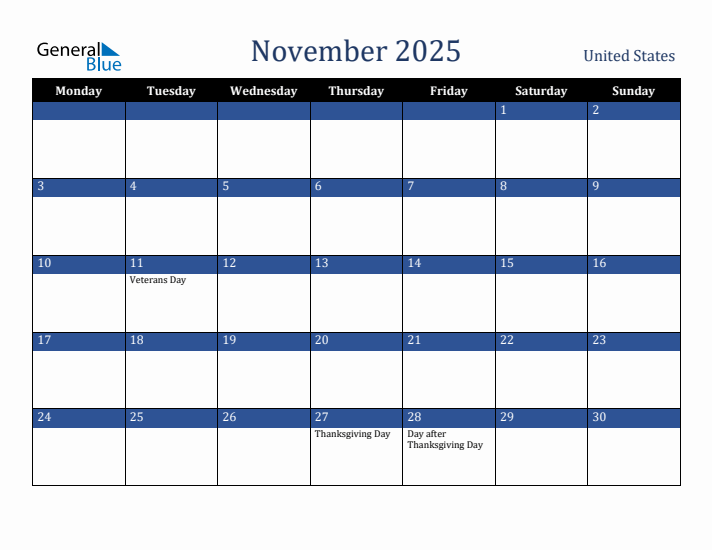November 2025 United States Calendar (Monday Start)