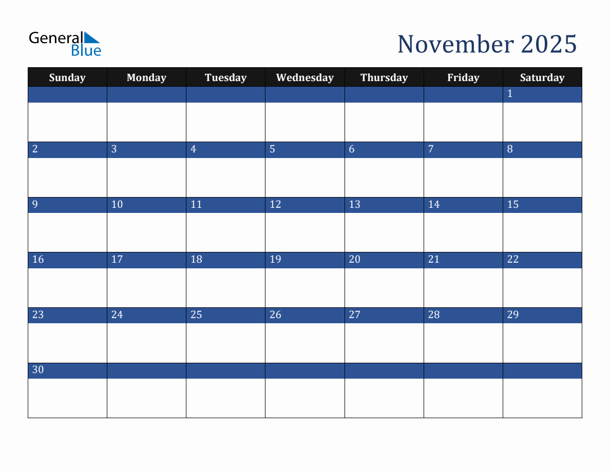 November 2025 Downloadable Sunday Start Calendar