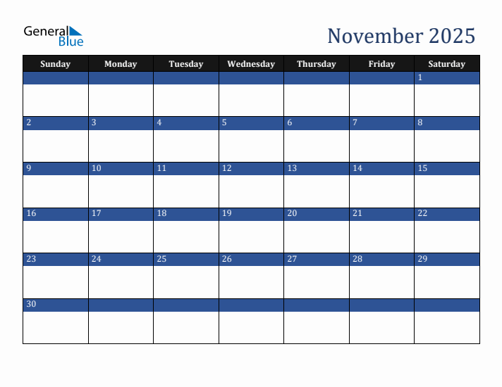 Sunday Start Calendar for November 2025
