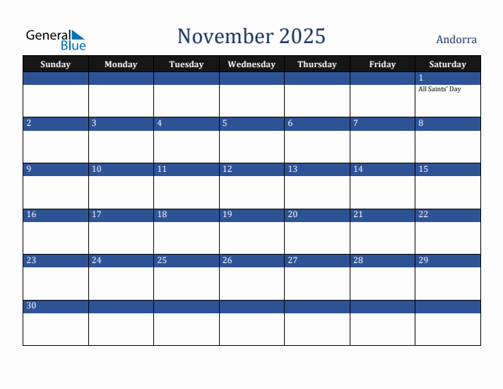 November 2025 Andorra Calendar (Sunday Start)