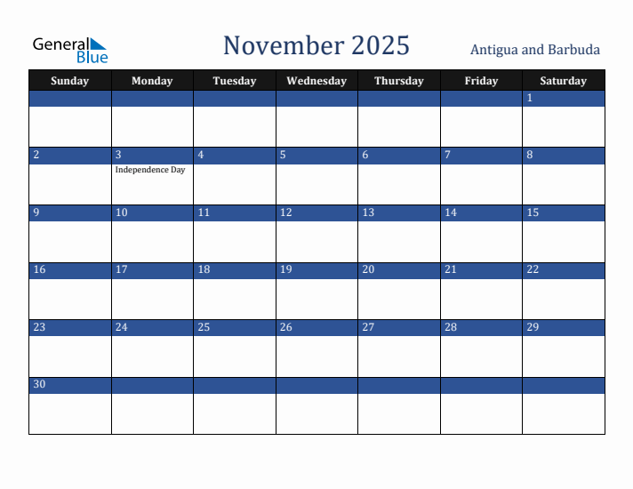 November 2025 Antigua and Barbuda Calendar (Sunday Start)