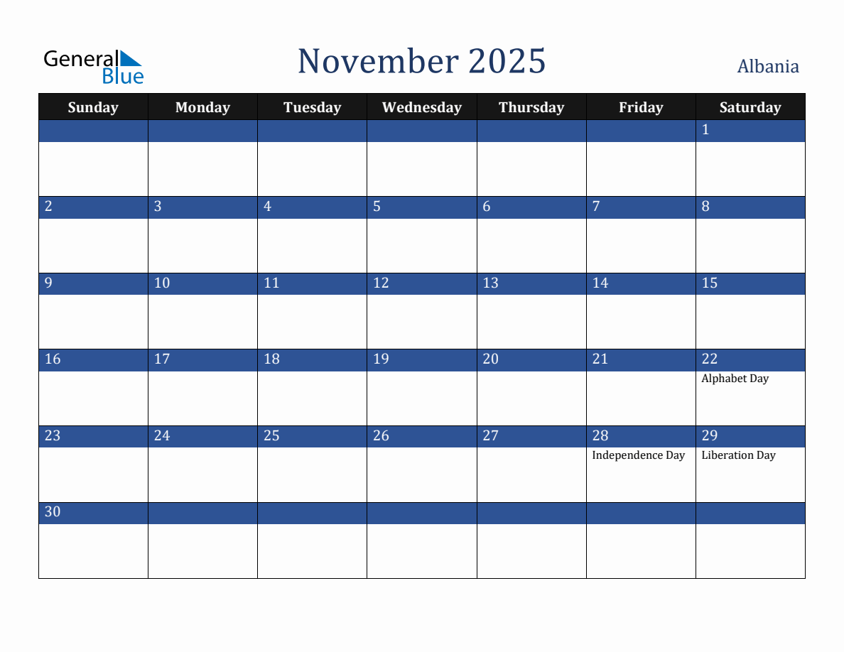 November 2025 Albania Holiday Calendar