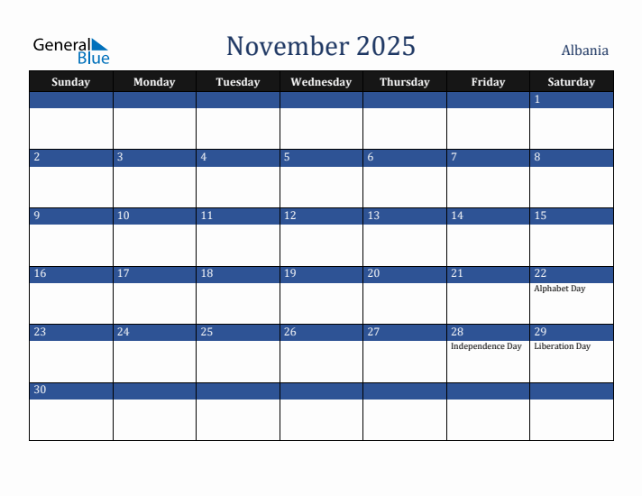 November 2025 Albania Calendar (Sunday Start)