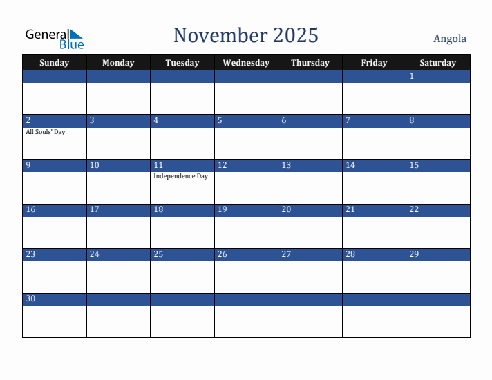 November 2025 Angola Calendar (Sunday Start)