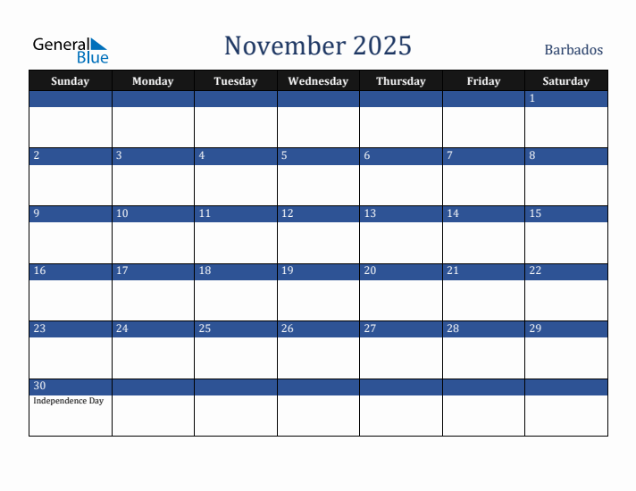 November 2025 Barbados Calendar (Sunday Start)