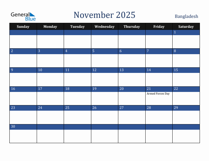 November 2025 Bangladesh Calendar (Sunday Start)