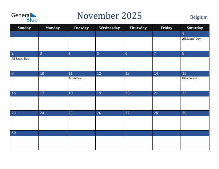 November 2025 Belgium Calendar (Sunday Start)