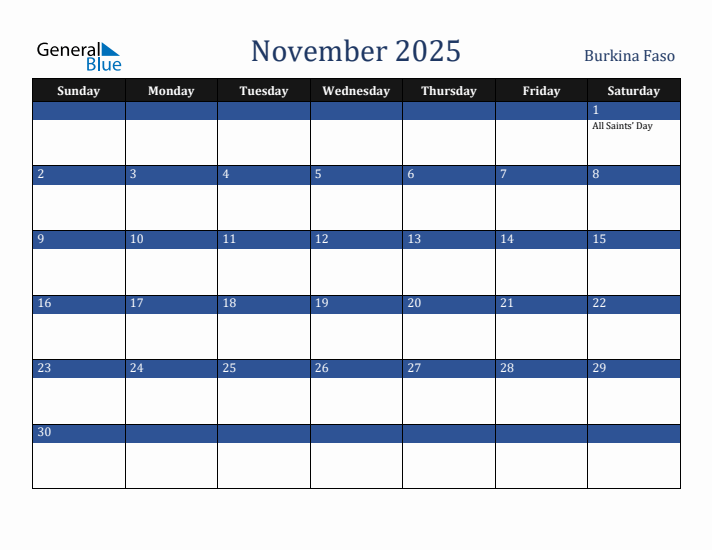 November 2025 Burkina Faso Calendar (Sunday Start)