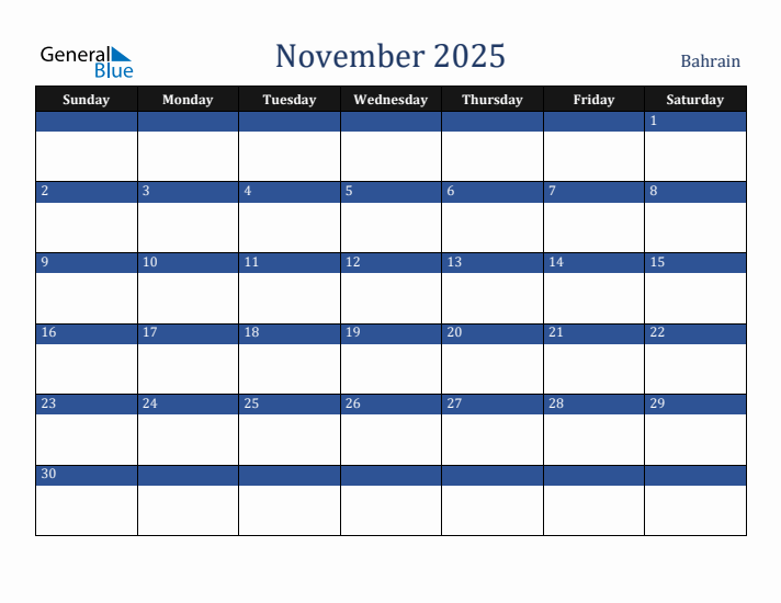 November 2025 Bahrain Calendar (Sunday Start)