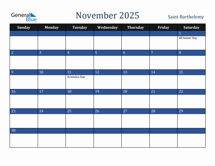 November 2025 Saint Barthelemy Calendar (Sunday Start)