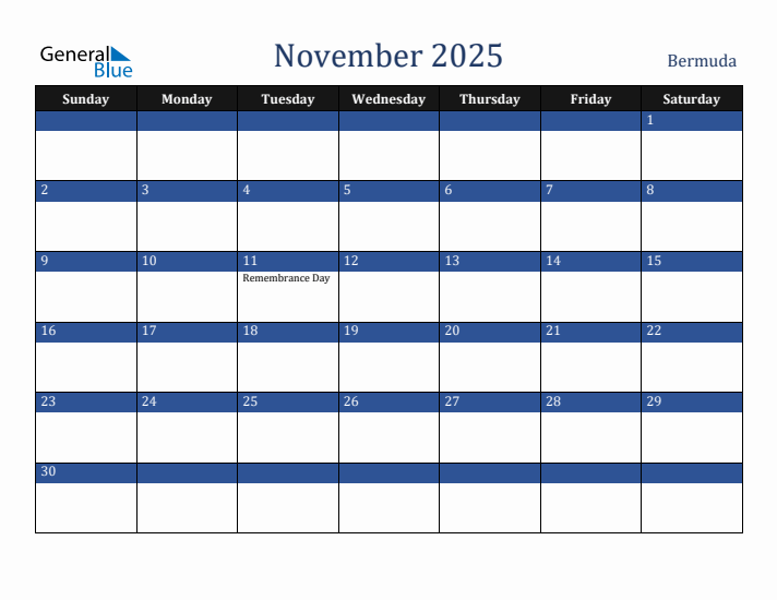 November 2025 Bermuda Calendar (Sunday Start)