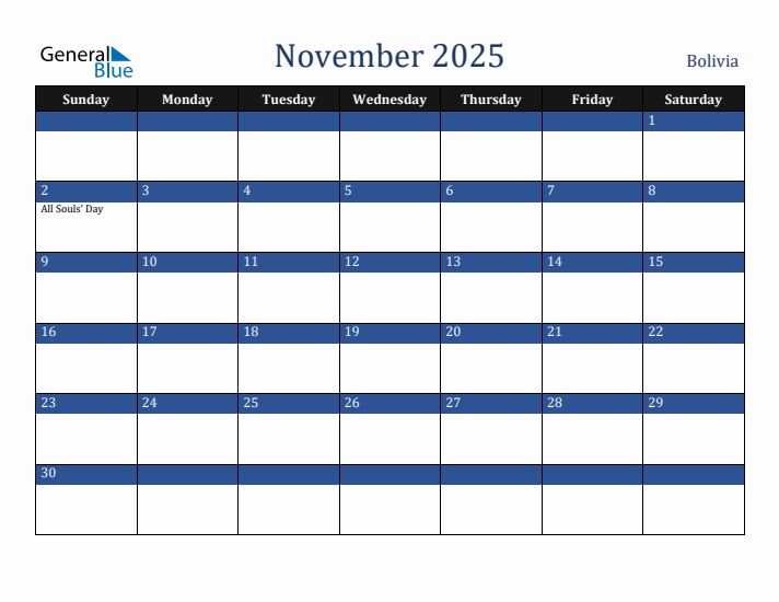 November 2025 Bolivia Calendar (Sunday Start)