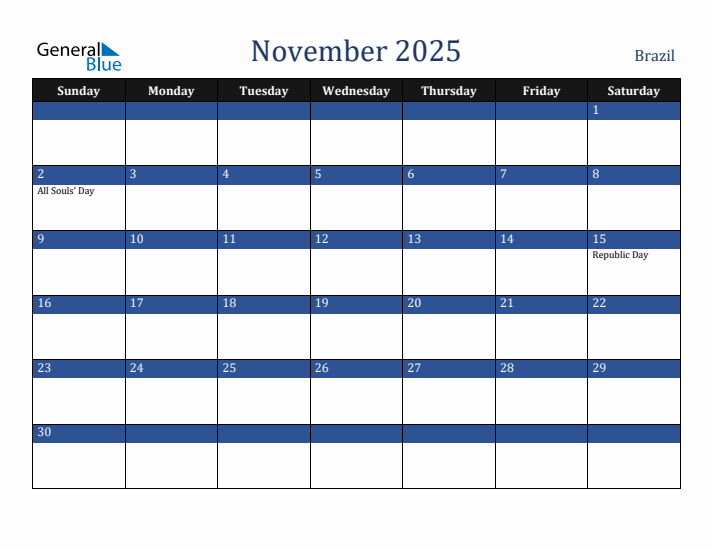 November 2025 Brazil Calendar (Sunday Start)