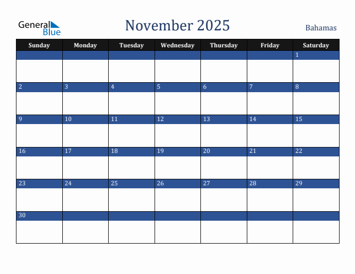 November 2025 Bahamas Calendar (Sunday Start)