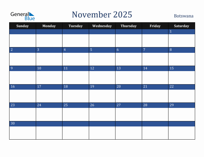 November 2025 Botswana Calendar (Sunday Start)