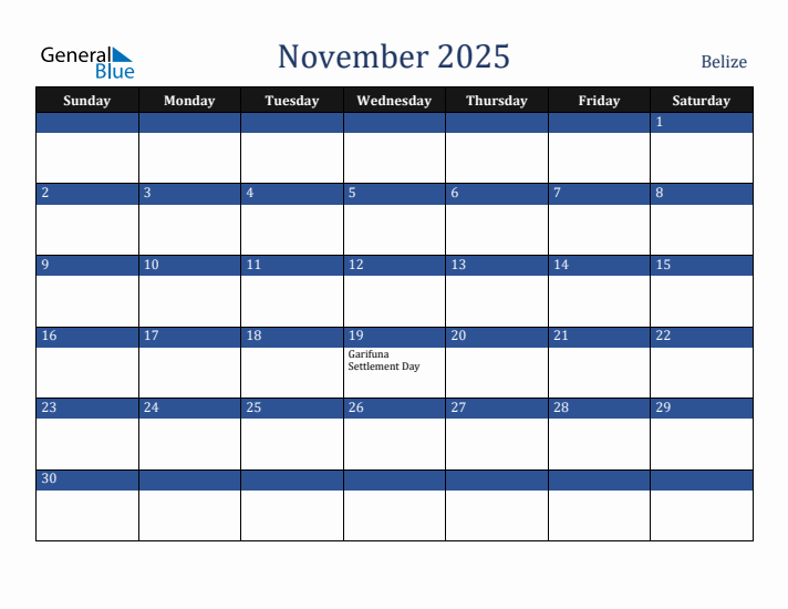 November 2025 Belize Calendar (Sunday Start)
