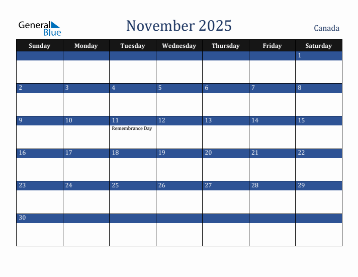 November 2025 Canada Calendar (Sunday Start)