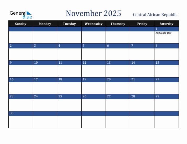 November 2025 Central African Republic Calendar (Sunday Start)