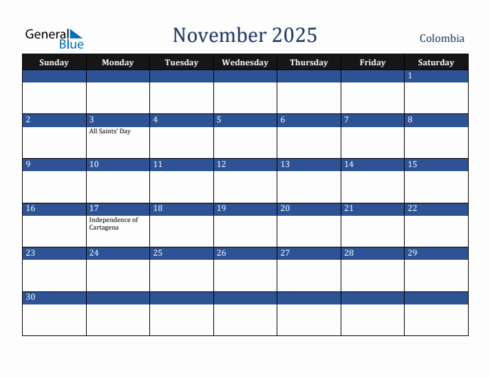 November 2025 Colombia Calendar (Sunday Start)