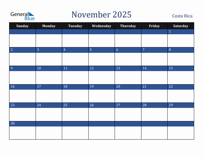 November 2025 Costa Rica Calendar (Sunday Start)