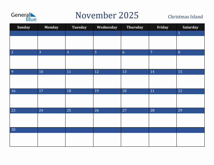 November 2025 Christmas Island Calendar (Sunday Start)