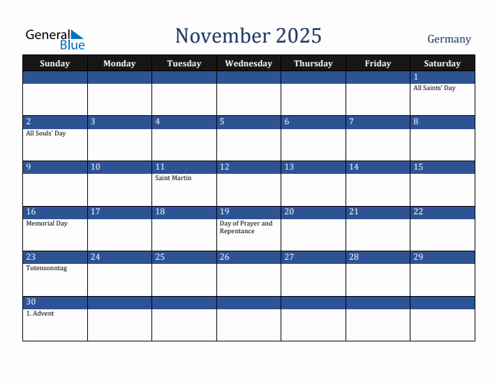 November 2025 Germany Calendar (Sunday Start)