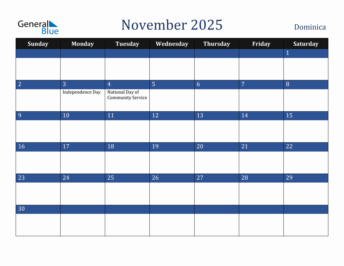 November 2025 Dominica Holiday Calendar