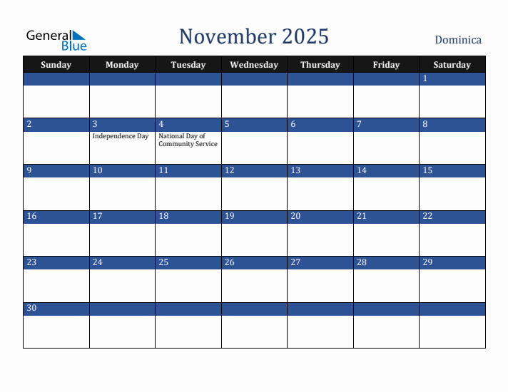 November 2025 Dominica Calendar (Sunday Start)