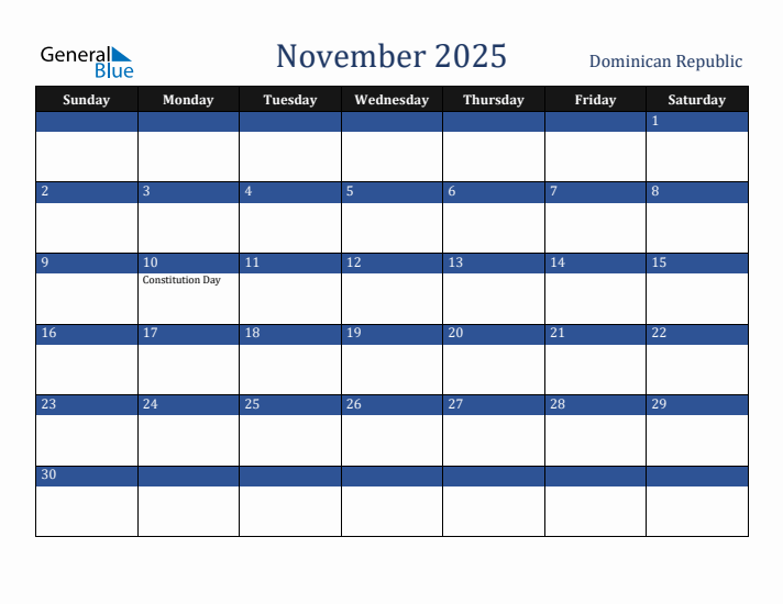 November 2025 Dominican Republic Calendar (Sunday Start)
