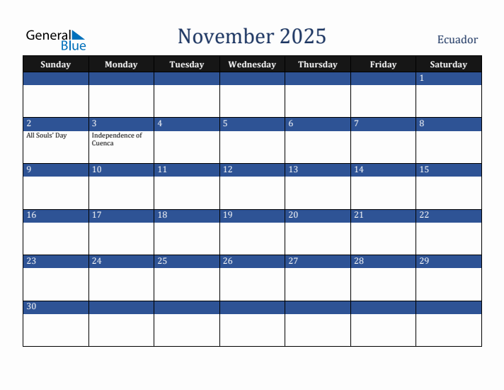 November 2025 Ecuador Calendar (Sunday Start)