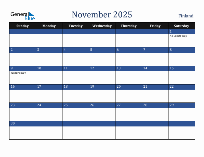 November 2025 Finland Calendar (Sunday Start)