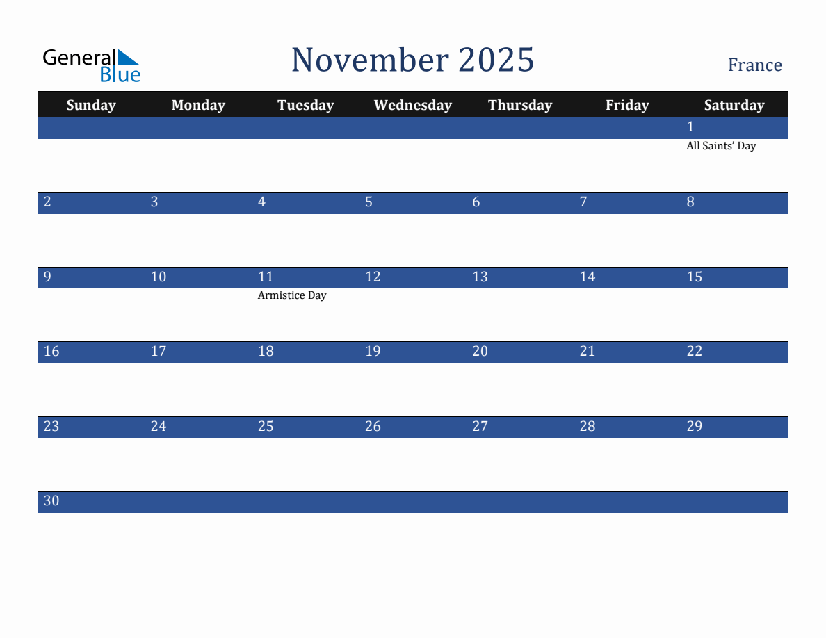 November 2025 France Holiday Calendar