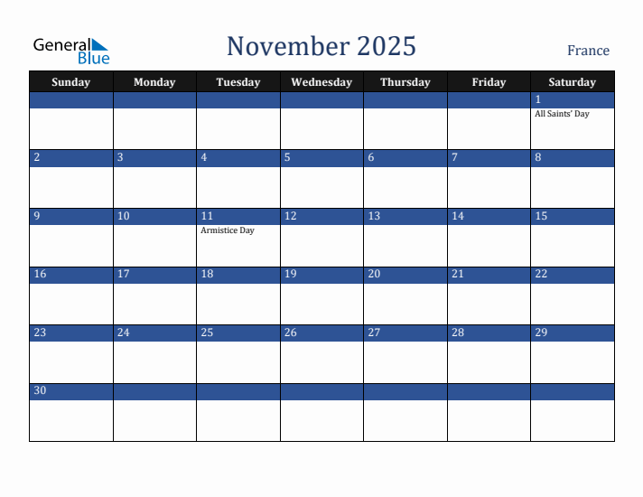 November 2025 France Calendar (Sunday Start)