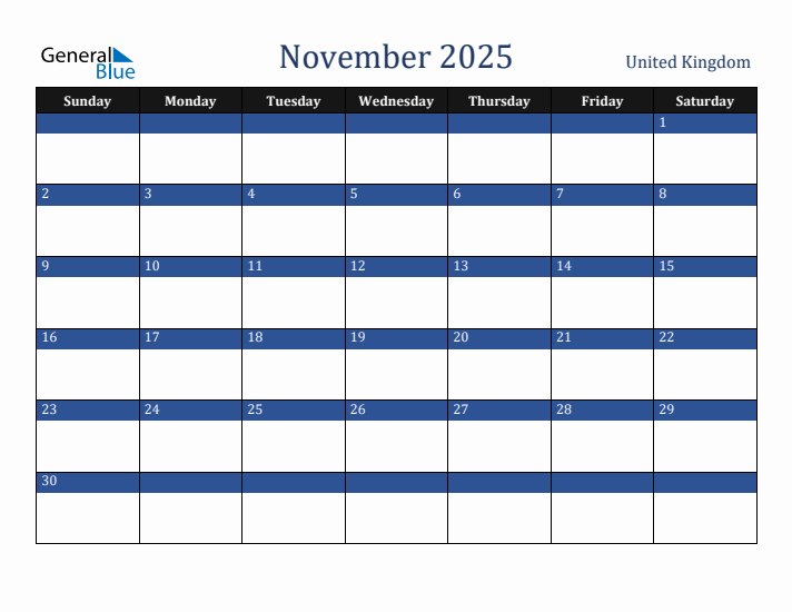 November 2025 United Kingdom Calendar (Sunday Start)