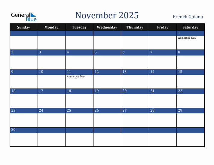 November 2025 French Guiana Calendar (Sunday Start)