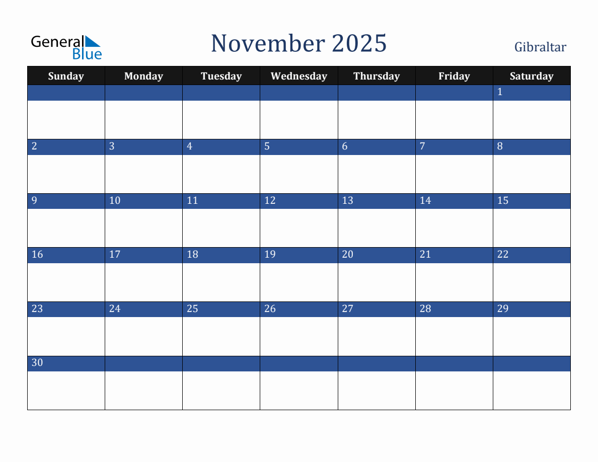 November 2025 Gibraltar Holiday Calendar