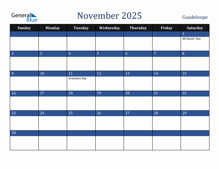 November 2025 Guadeloupe Calendar (Sunday Start)
