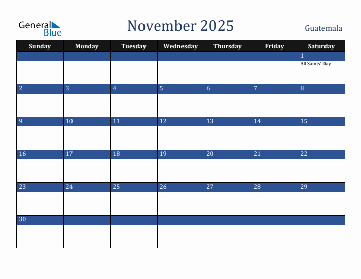 November 2025 Guatemala Calendar (Sunday Start)