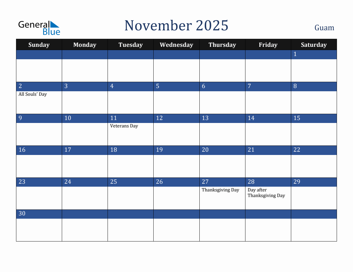 November 2025 Guam Holiday Calendar