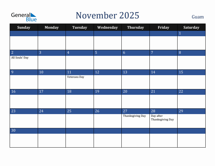 November 2025 Guam Calendar (Sunday Start)