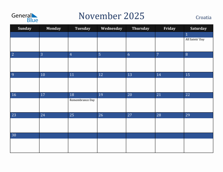 November 2025 Croatia Calendar (Sunday Start)