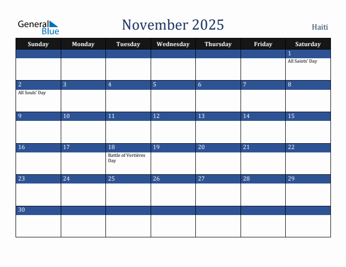 November 2025 Haiti Calendar (Sunday Start)