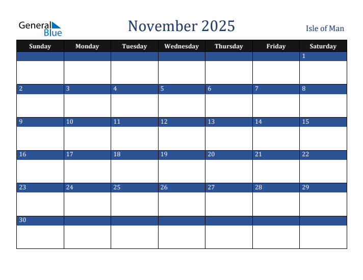 November 2025 Isle of Man Calendar (Sunday Start)