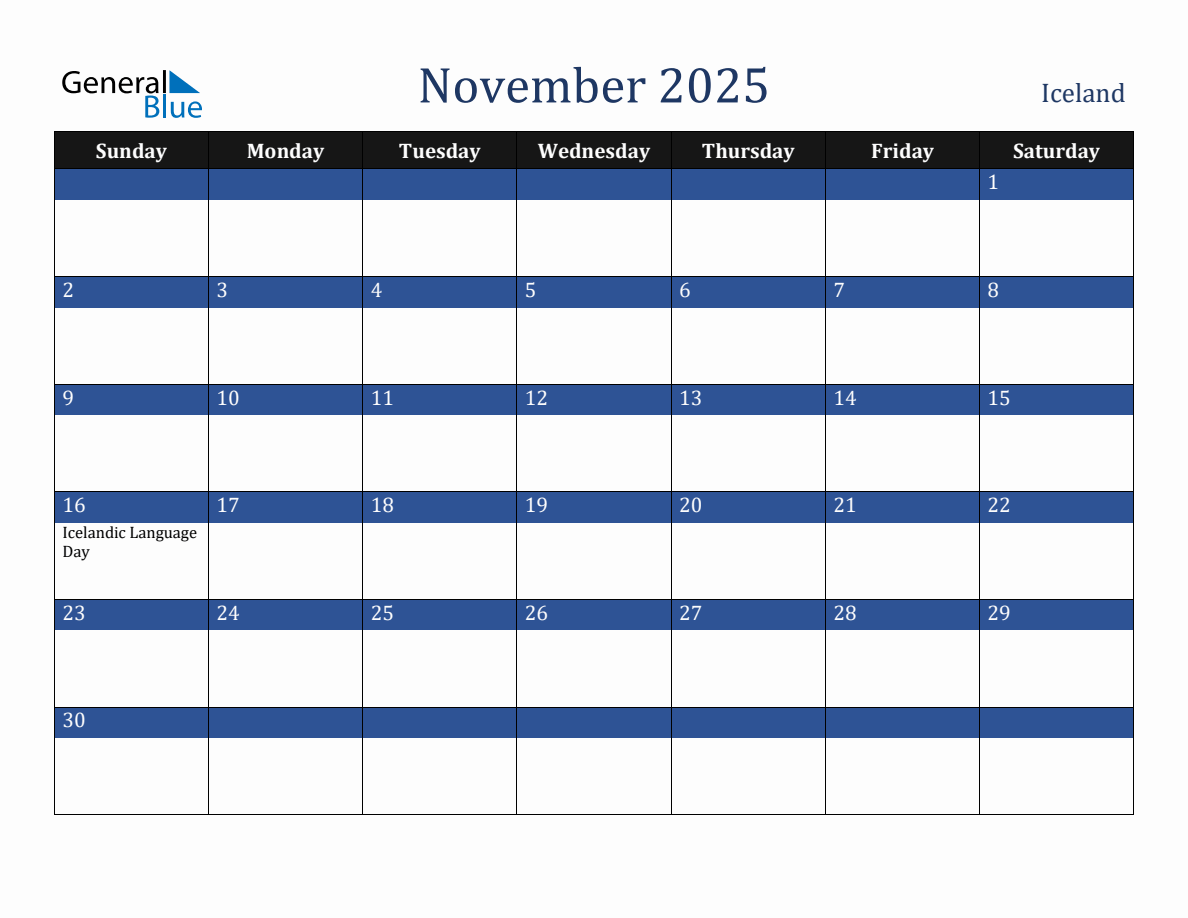 November 2025 Iceland Holiday Calendar