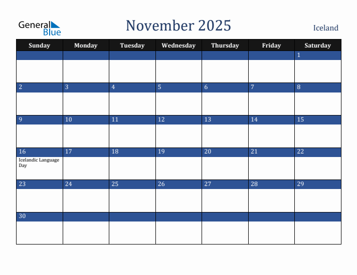 November 2025 Iceland Calendar (Sunday Start)