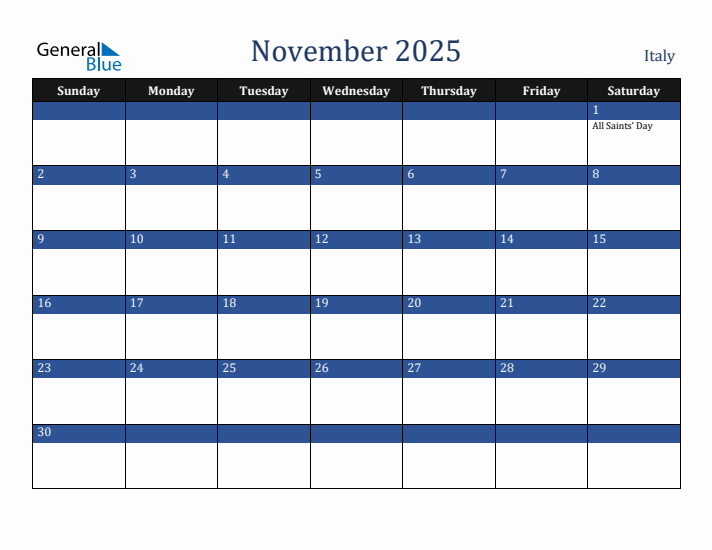 November 2025 Italy Calendar (Sunday Start)