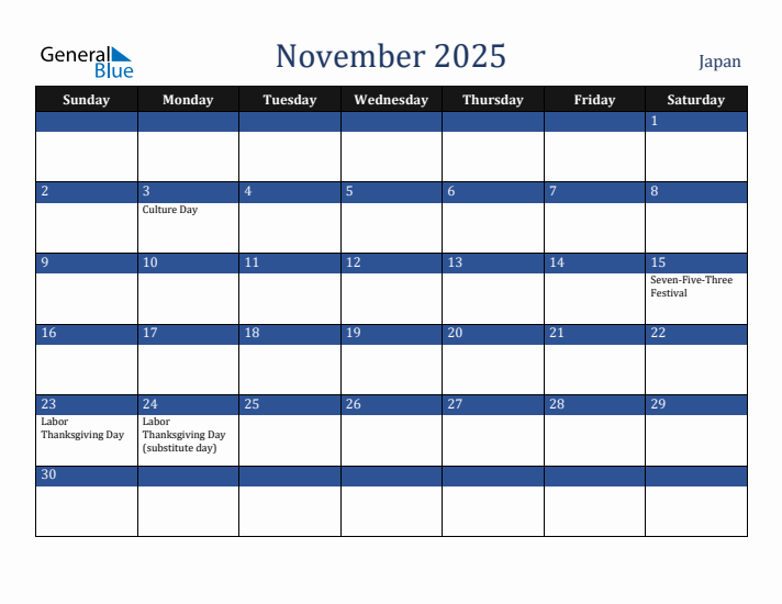 November 2025 Japan Calendar (Sunday Start)