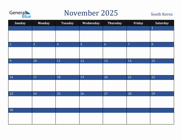 November 2025 South Korea Calendar (Sunday Start)