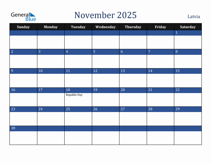 November 2025 Latvia Calendar (Sunday Start)