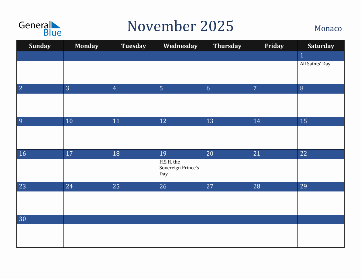 November 2025 Monaco Holiday Calendar